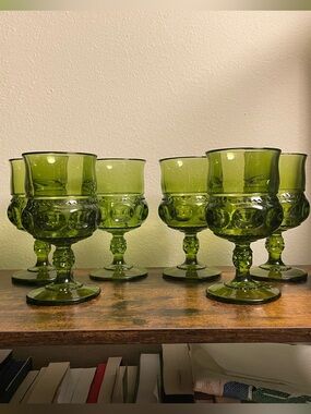 Vintage MCM Kings Crown Green Glass Wine Goblets (6)